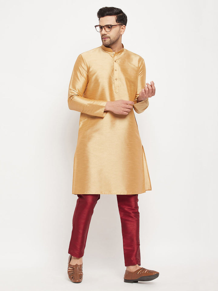 Sarvati Men's Rose Gold Silk Blend Kurta and Maroon Pant Style Pyjama Set