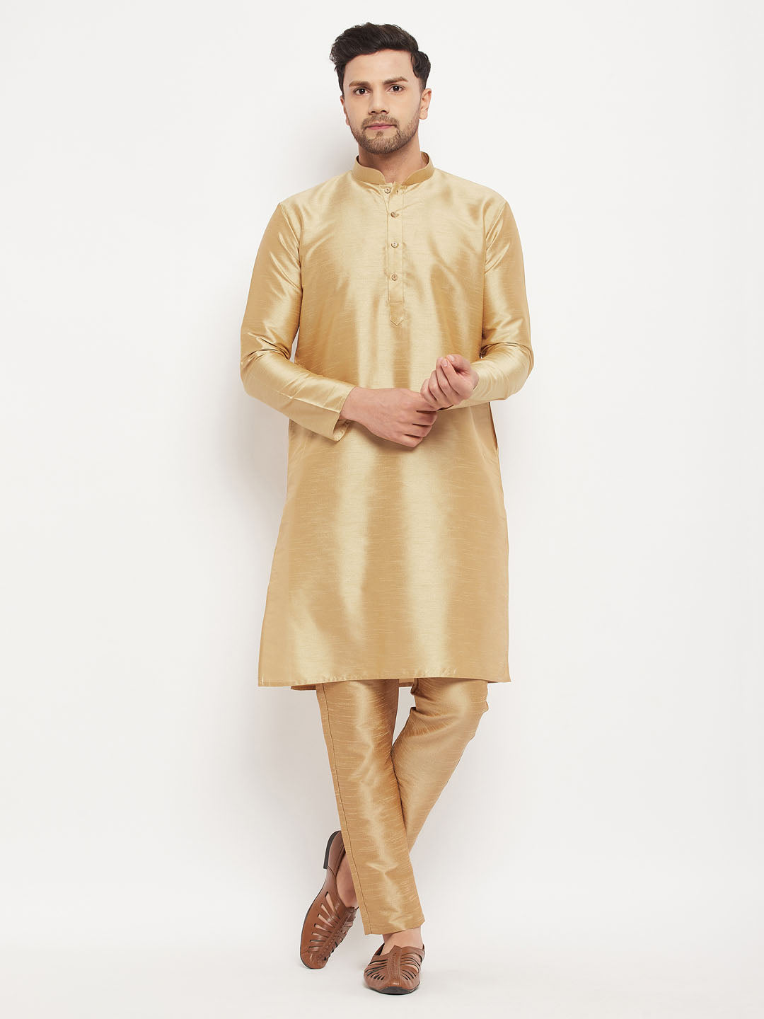 Sarvati Men's Rose Gold Silk Blend Kurta and Rose Gold Pant Style Pyjama Set