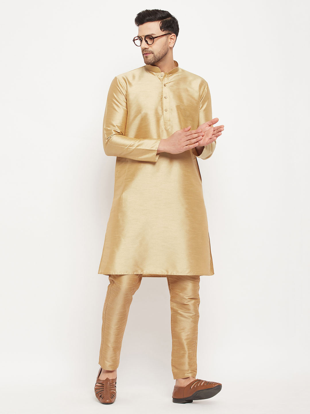 Sarvati Men's Rose Gold Silk Blend Kurta and Rose Gold Pant Style Pyjama Set