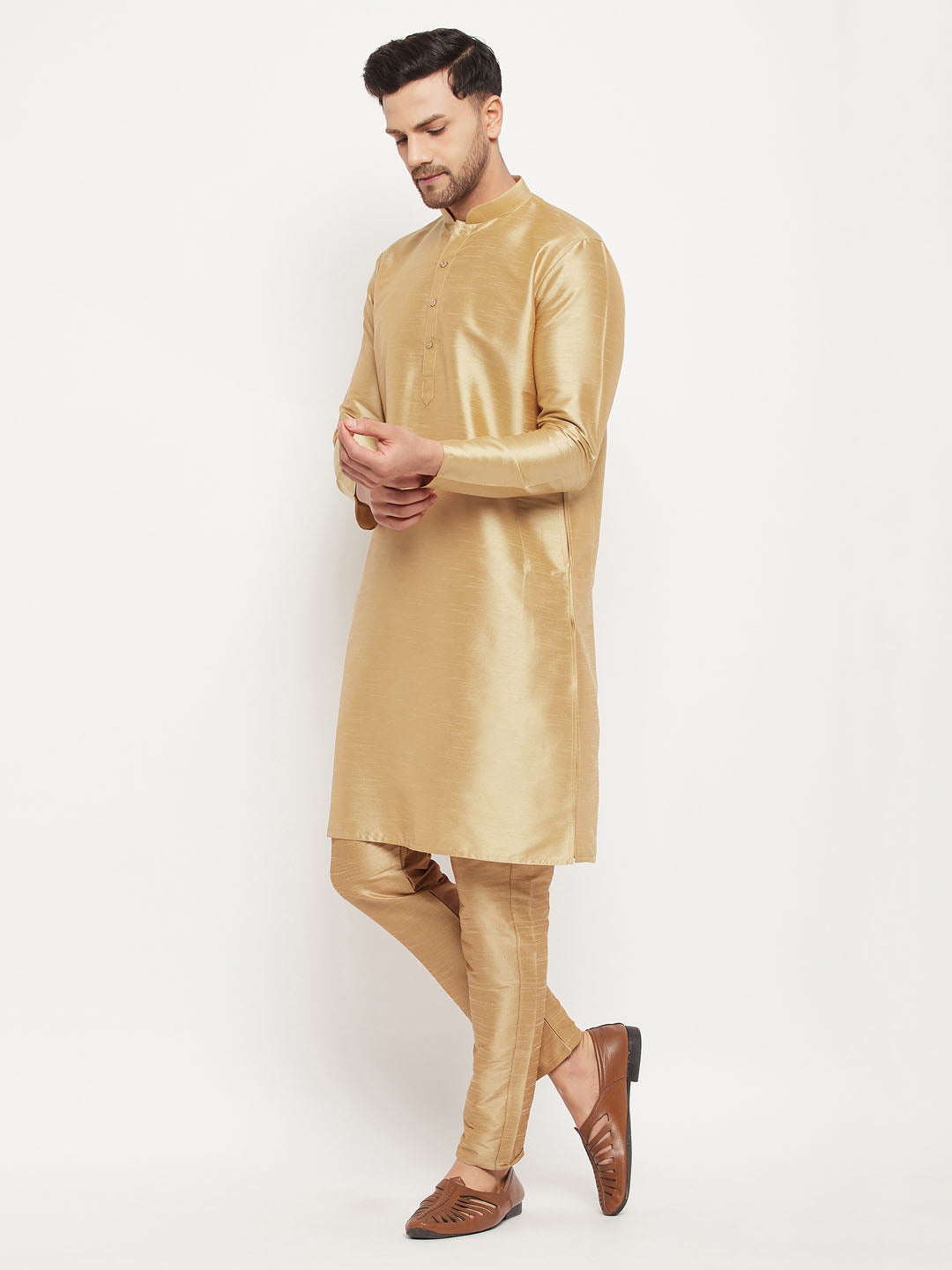 Sarvati Men's Rose Gold Silk Blend Kurta and Rose Gold Pant Style Pyjama Set