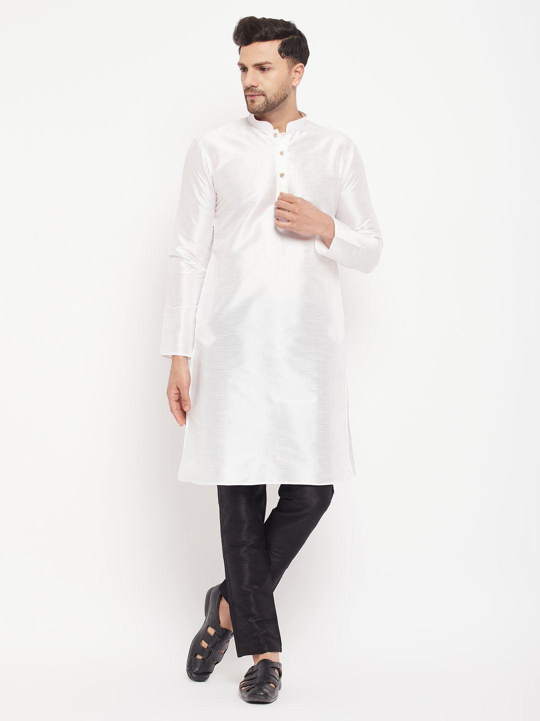 Men's White Cotton Silk Blend Kurta - view 5