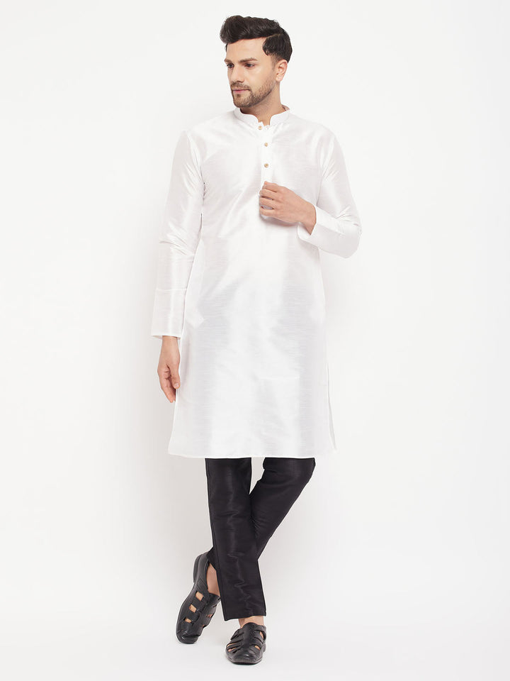 Sarvati Men's White Cotton Silk Blend Kurta and Black Pant Style Pyjama Set