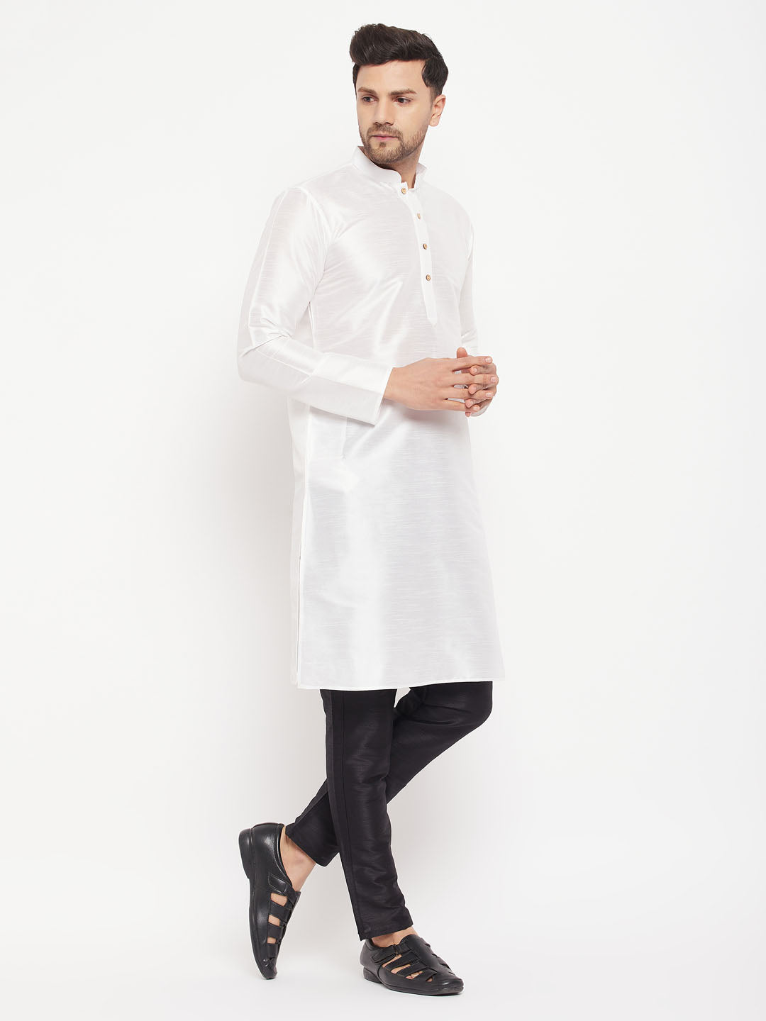 Sarvati Men's White Cotton Silk Blend Kurta and Black Pant Style Pyjama Set