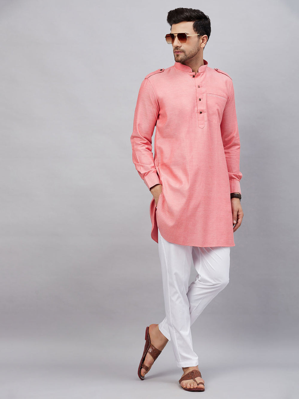 Sarvati Men's Red Cotton Blend Kurta and White Pant Set