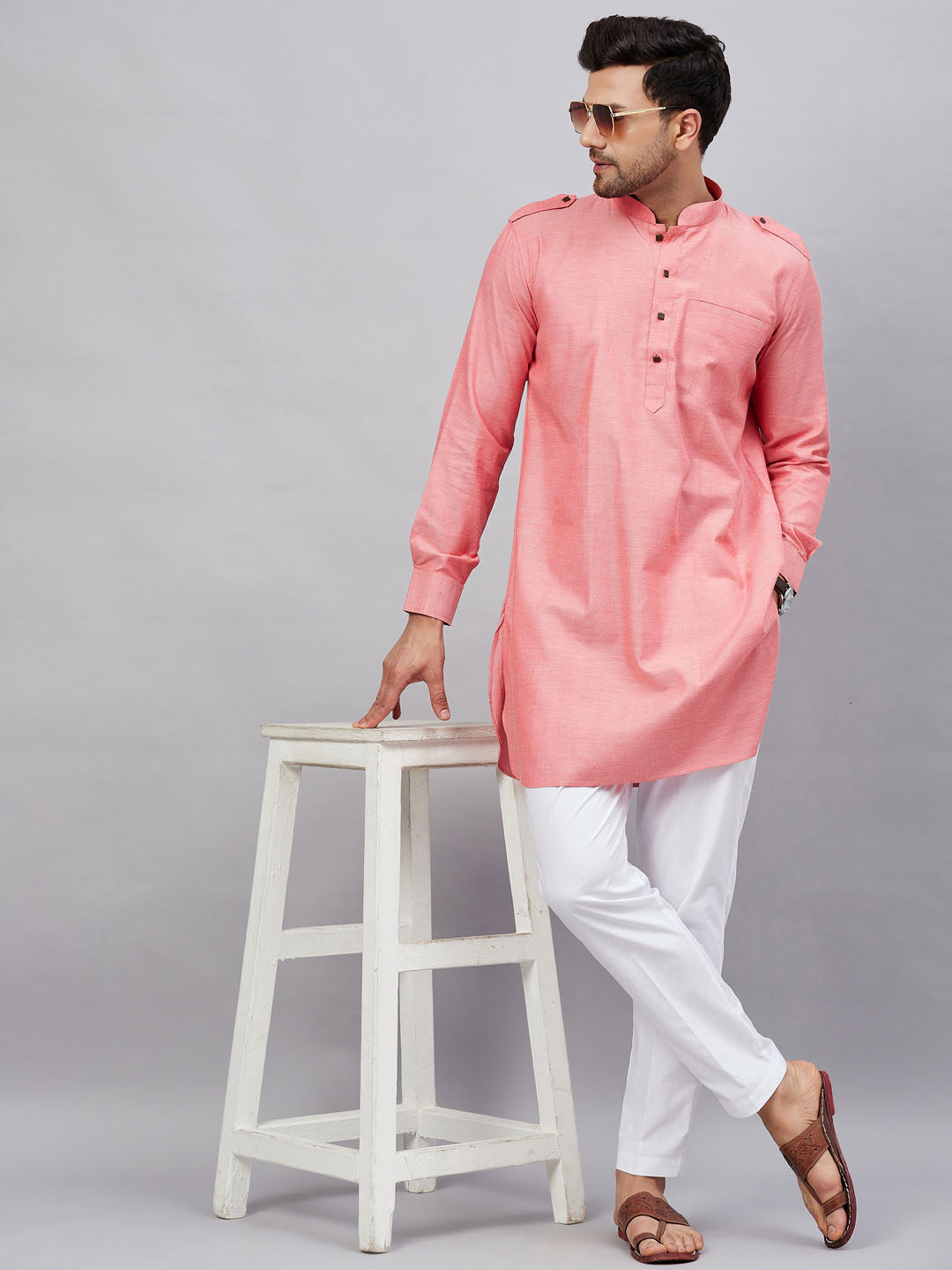 Sarvati Men's Red Cotton Blend Kurta and White Pant Set