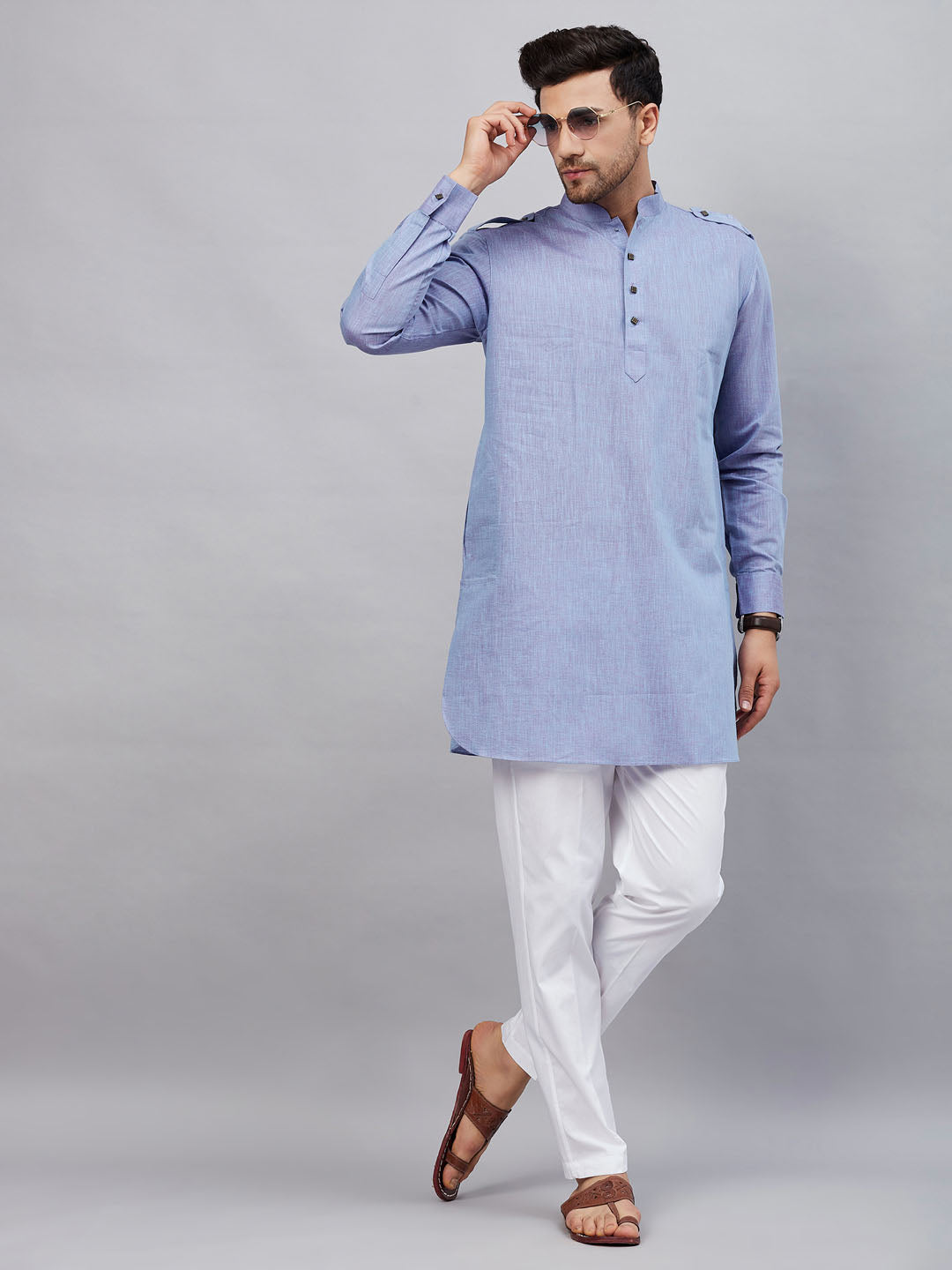 Sarvati Men's Blue Cotton Blend Kurta and White Pant Set