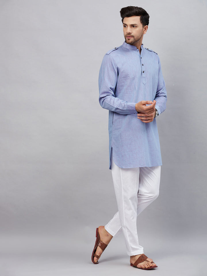 Sarvati Men's Blue Cotton Blend Kurta and White Pant Set