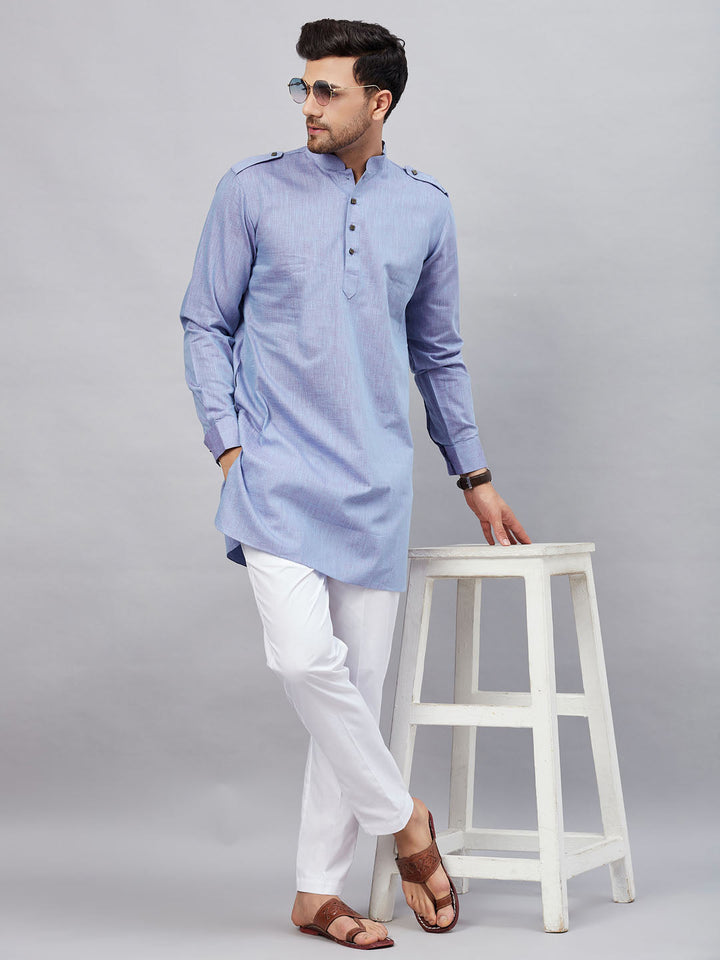 Sarvati Men's Blue Cotton Blend Kurta and White Pant Set