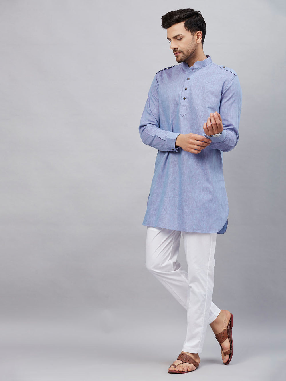 Sarvati Men's Blue Cotton Blend Kurta and White Pant Set