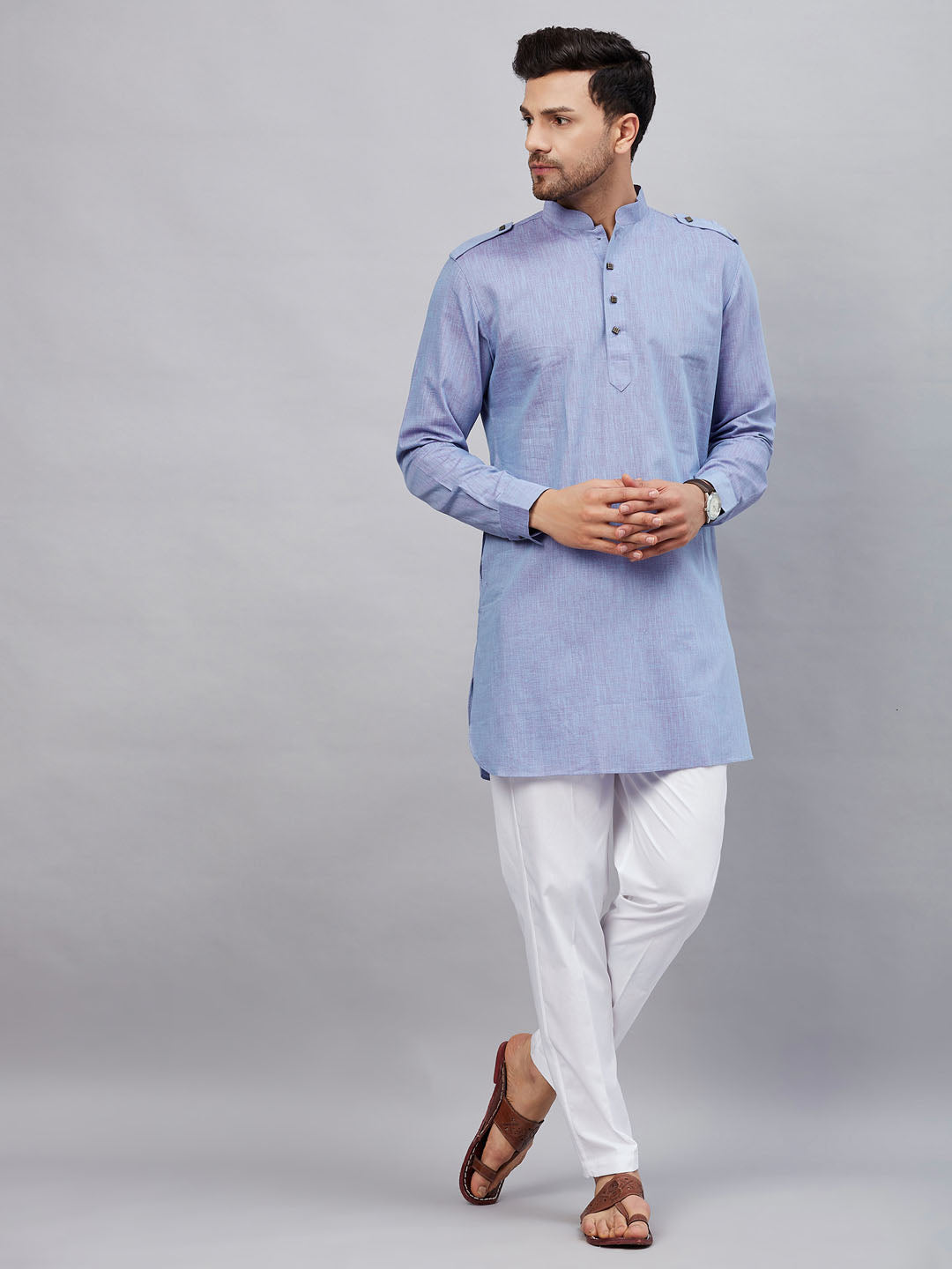 Sarvati Men's Blue Cotton Blend Kurta and White Pant Set