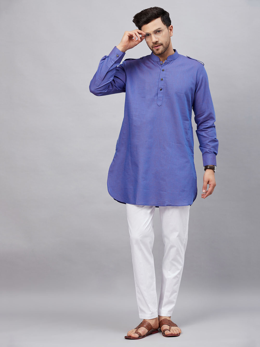 Sarvati Men's Purple Cotton Blend Kurta and White Pant Set