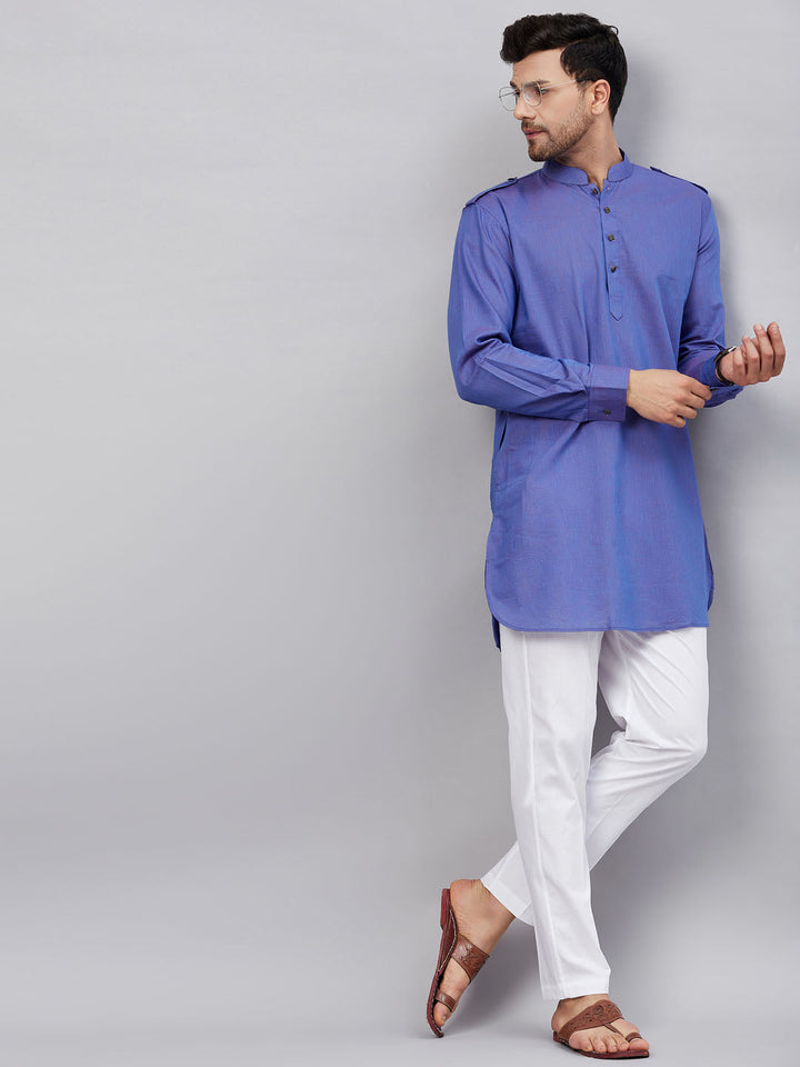 Sarvati Men's Purple Cotton Blend Kurta and White Pant Set