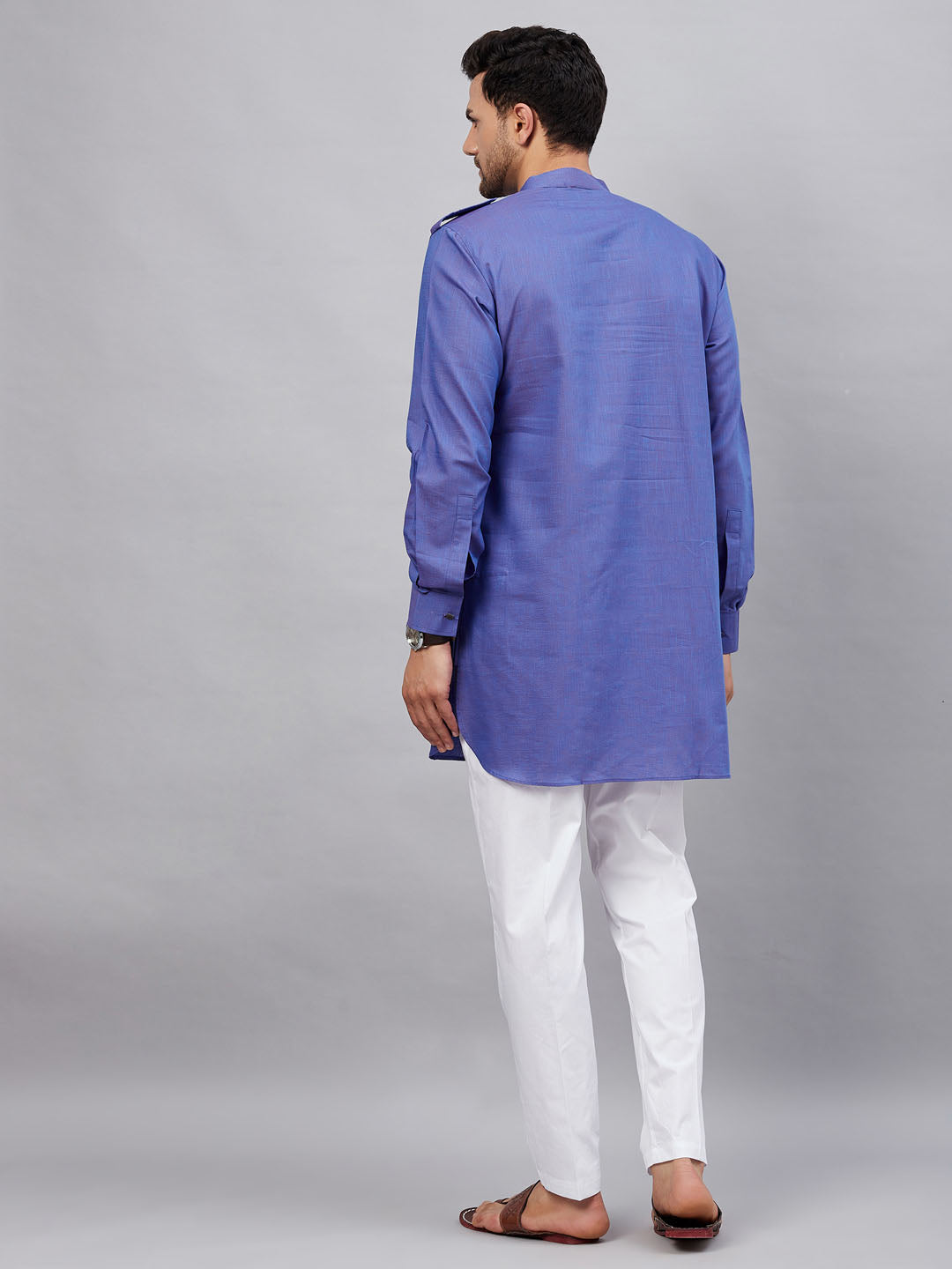 Sarvati Men's Purple Cotton Blend Kurta and White Pant Set