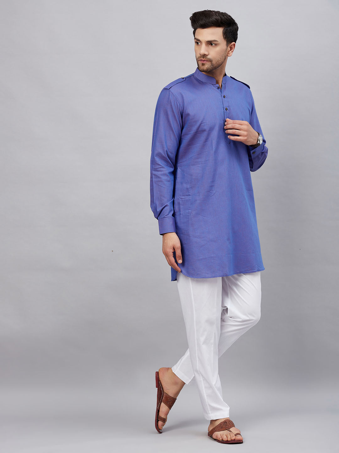 Sarvati Men's Purple Cotton Blend Kurta and White Pant Set