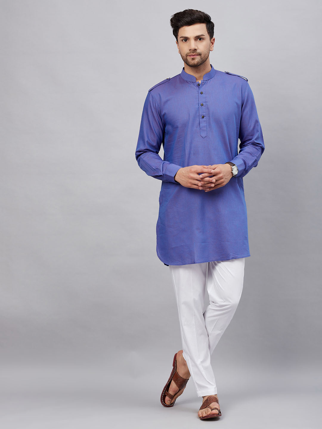 Sarvati Men's Purple Cotton Blend Kurta and White Pant Set