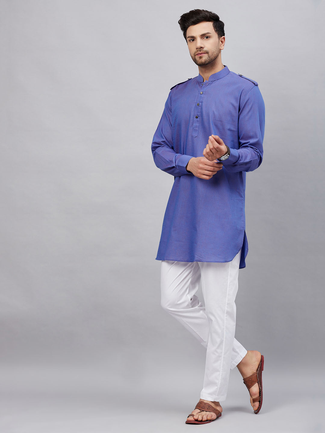 Sarvati Men's Purple Cotton Blend Kurta and White Pant Set