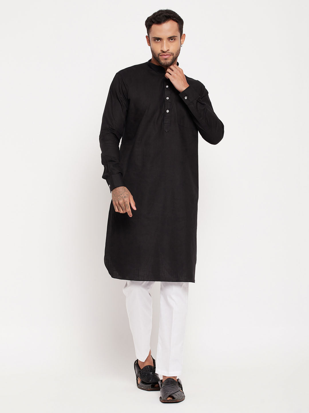 Sarvati Men's Black And White Cotton Blend Pathani Suit With White Pant Set