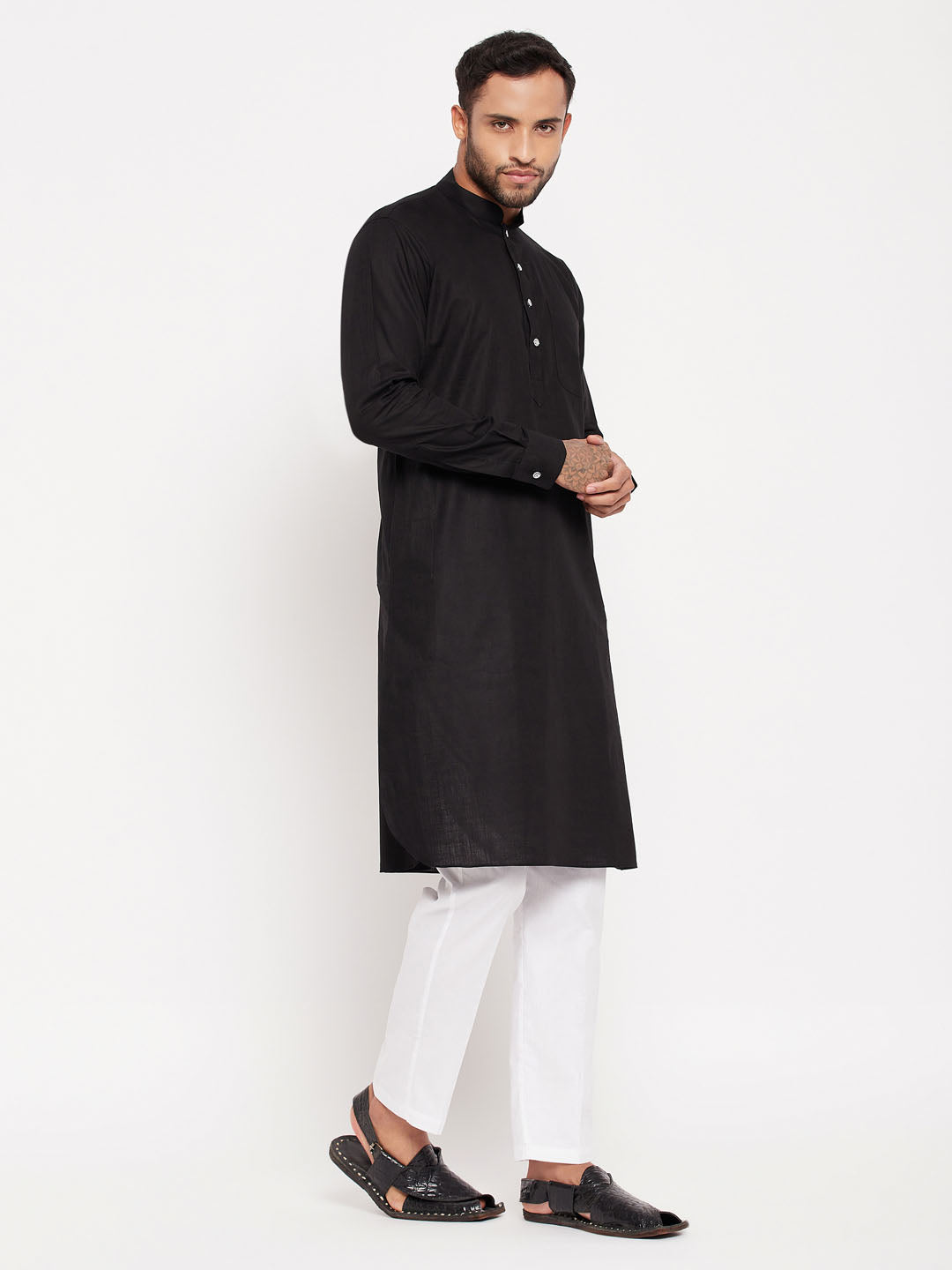 Sarvati Men's Black And White Cotton Blend Pathani Suit With White Pant Set