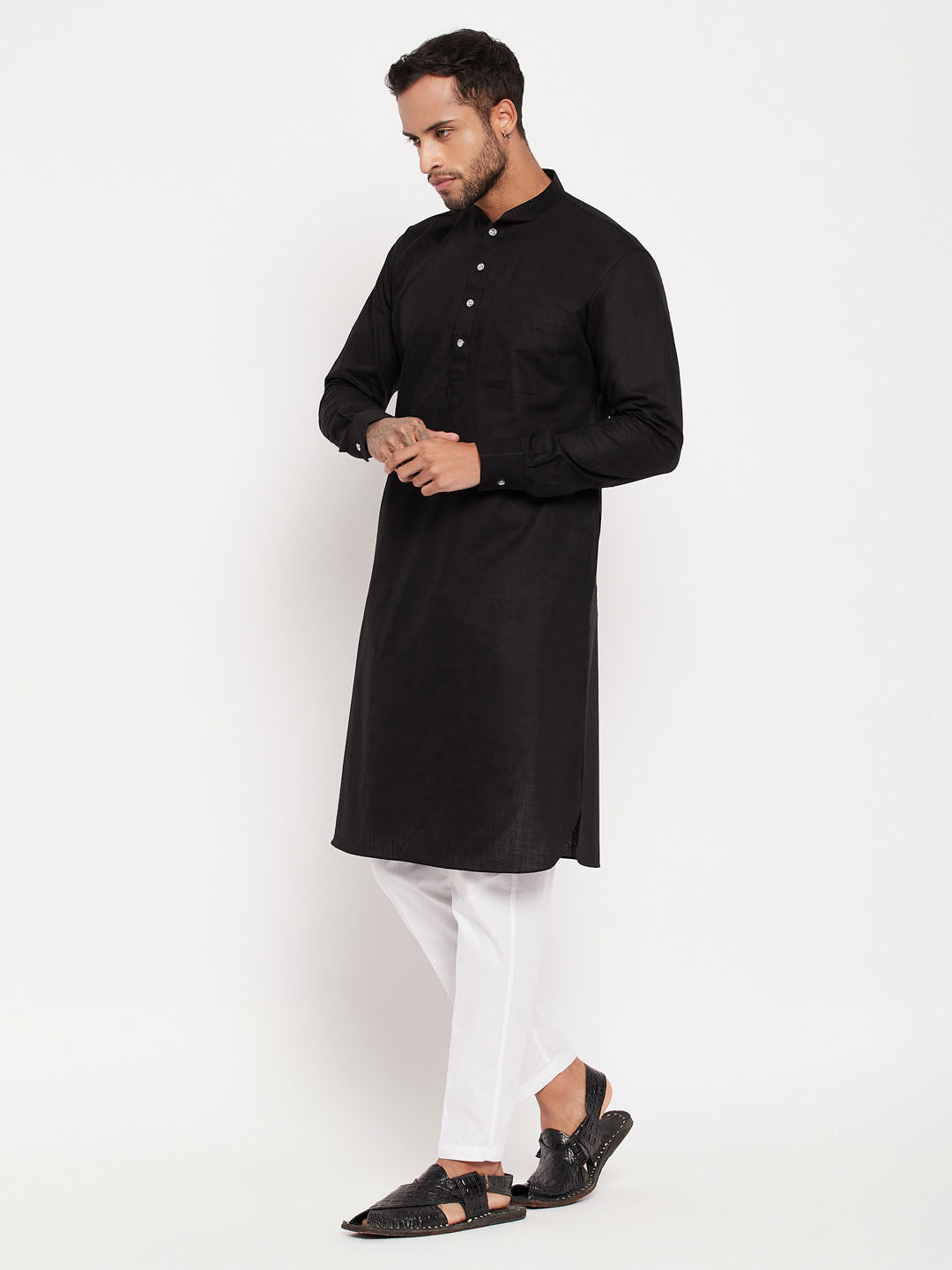 Sarvati Men's Black And White Cotton Blend Pathani Suit With White Pant Set