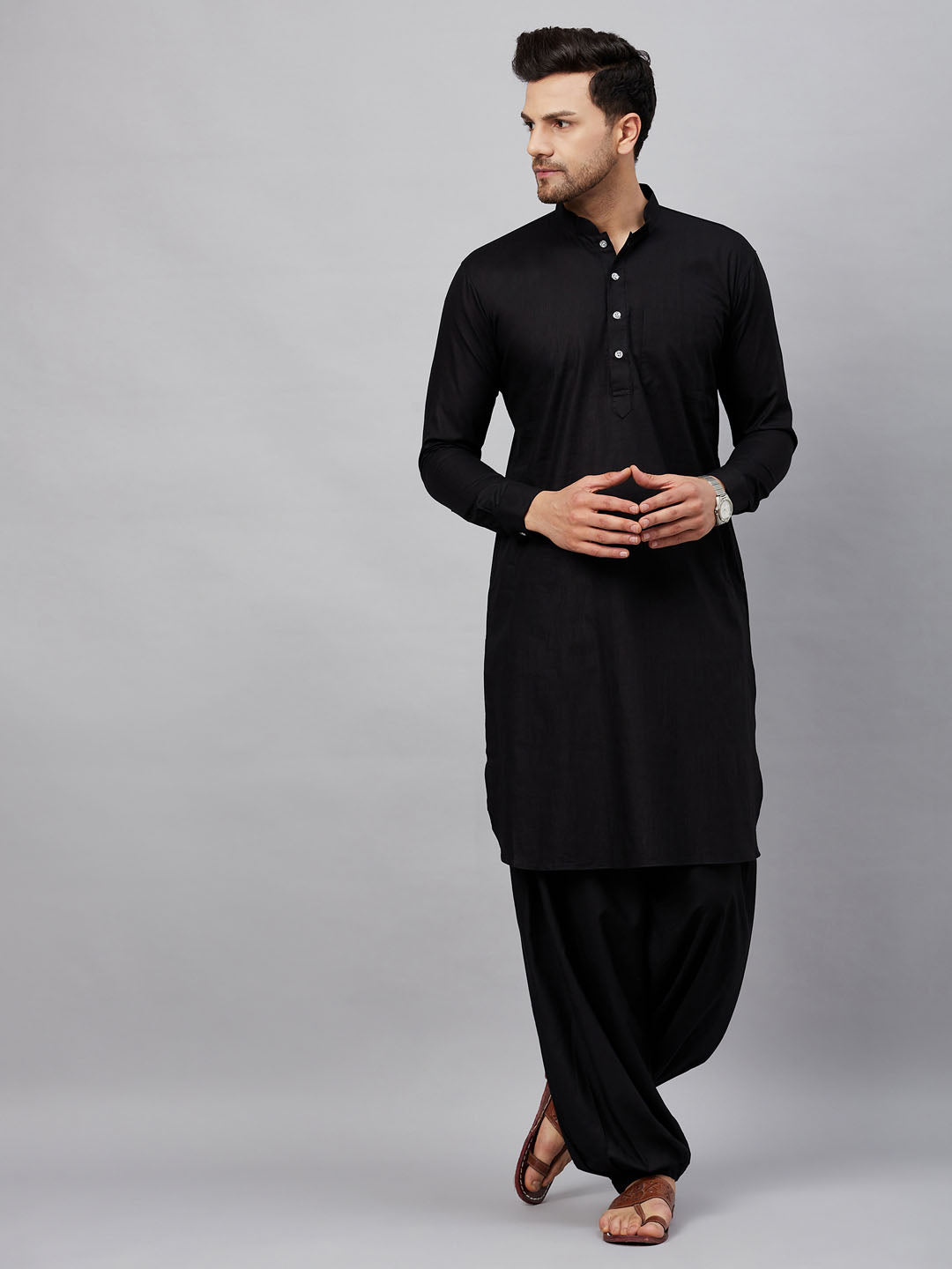 Sarvati Men's Black Cotton Blend Pathani Suit Set