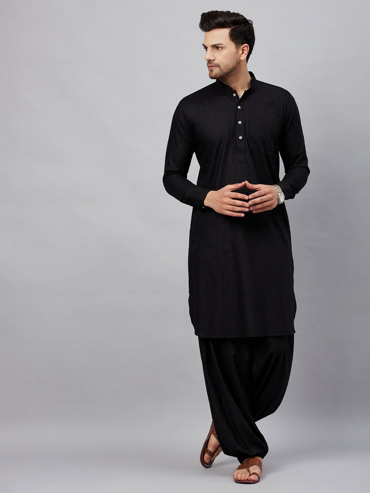 Men's Black Cotton Blend Pathani Suit Set
