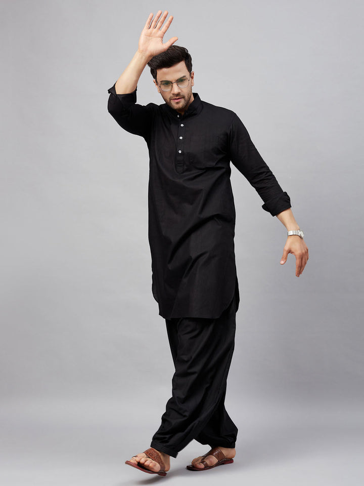 Sarvati Men's Black Cotton Blend Pathani Suit Set