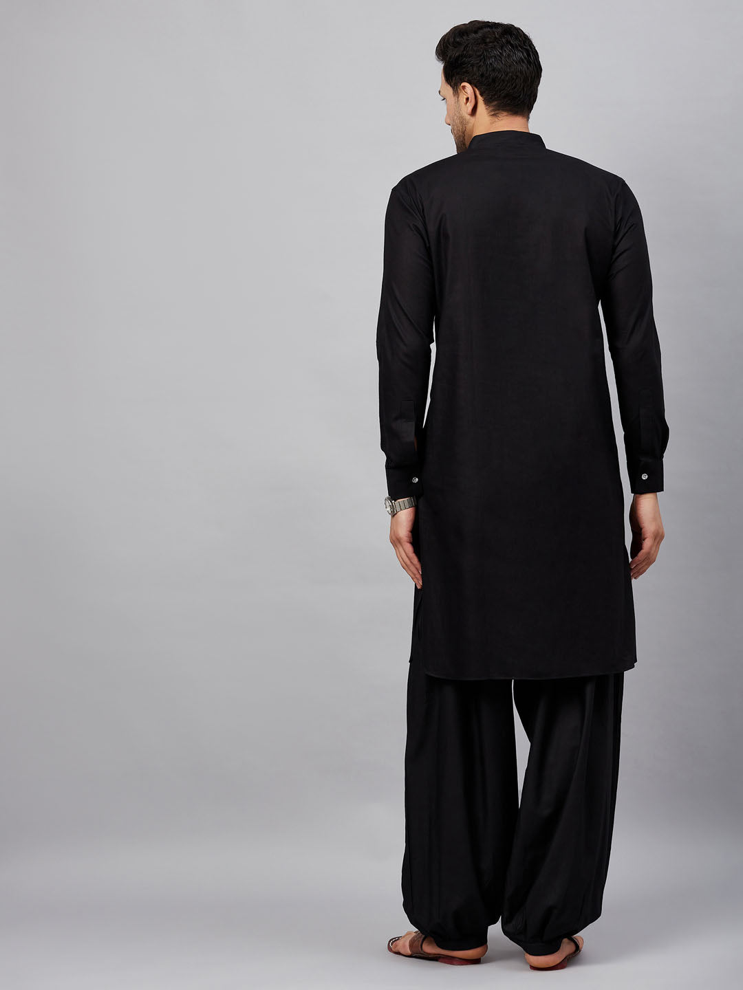 Sarvati Men's Black Cotton Blend Pathani Suit Set