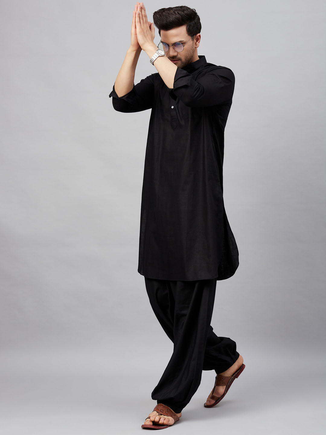 Men's Black Cotton Blend Pathani Suit Set