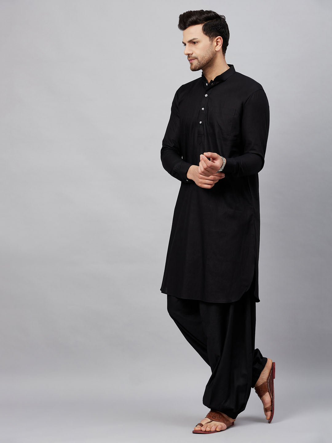 Sarvati Men's Black Cotton Blend Pathani Suit Set