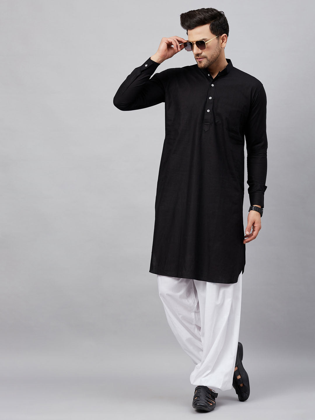 Sarvati Men's Black Cotton Blend Pathani Suit Set