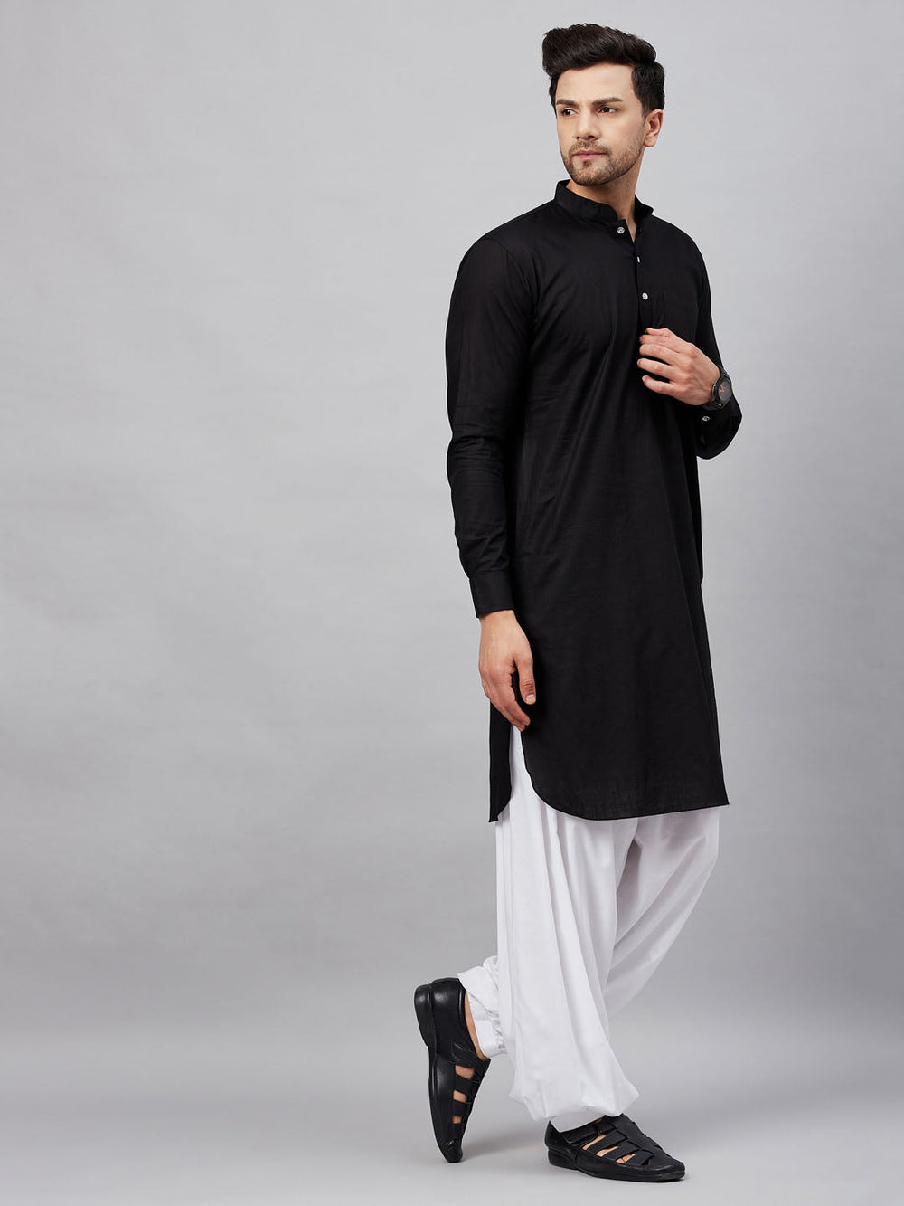 Sarvati Men's Black Cotton Blend Pathani Suit Set