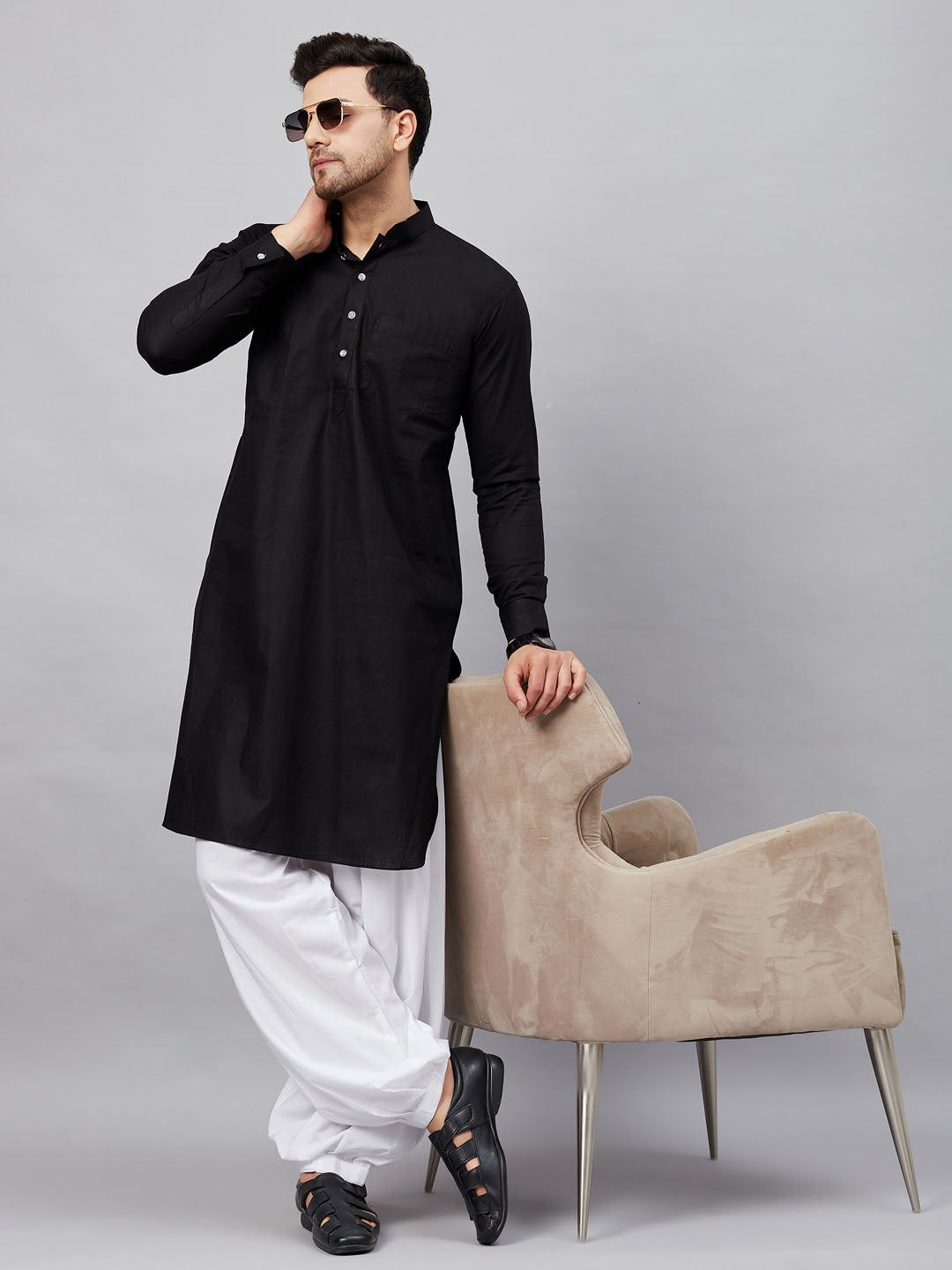 Sarvati Men's Black Cotton Blend Pathani Suit Set