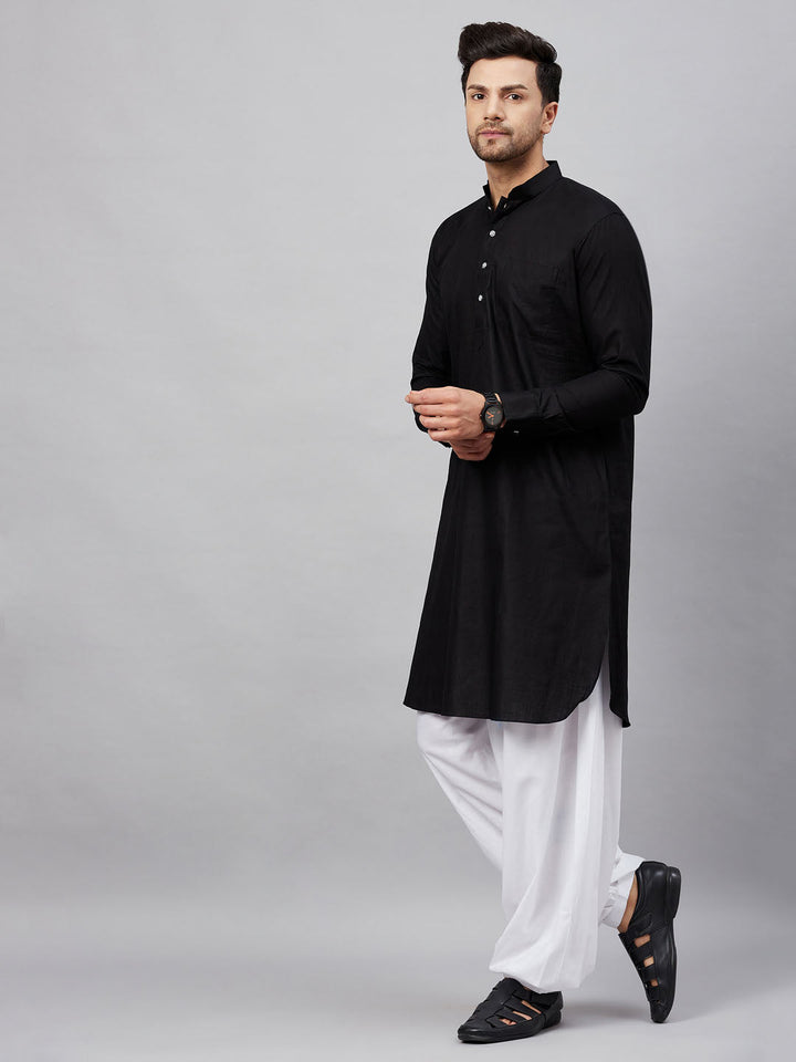 Sarvati Men's Black Cotton Blend Pathani Suit Set