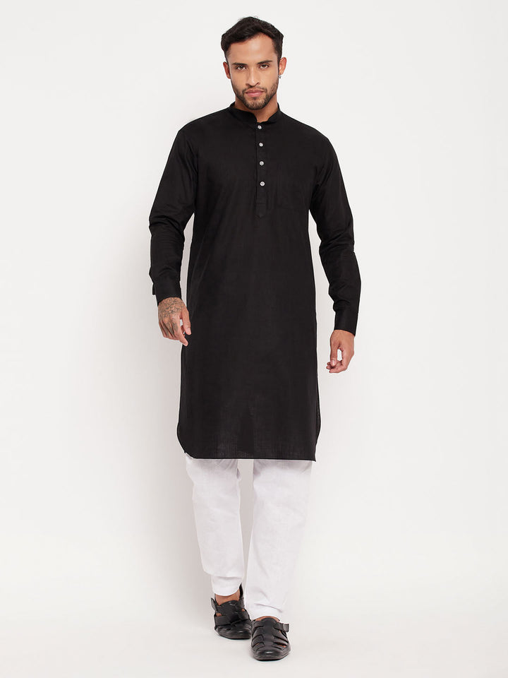 Sarvati Men's Black And White Cotton Blend Pathani Suit Set