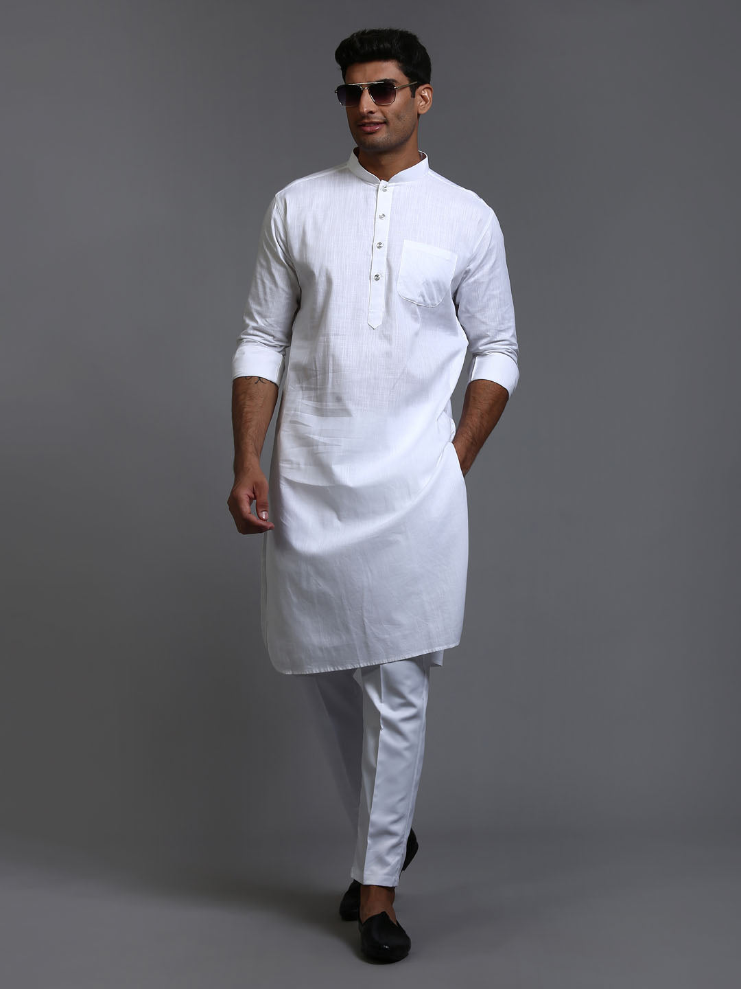 Sarvati Men's White Cotton Blend Pathani Kurta with Pant Set