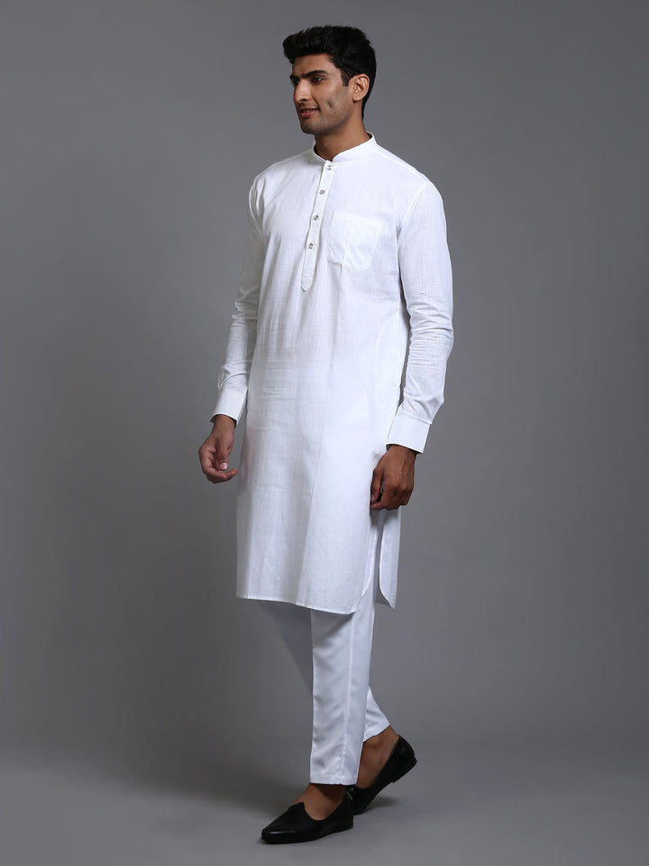 Sarvati Men's White Cotton Blend Pathani Kurta with Pant Set