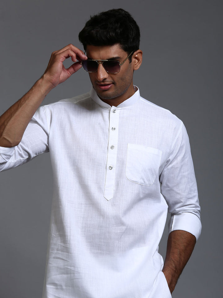 Sarvati Men's White Cotton Blend Pathani Kurta with Pant Set