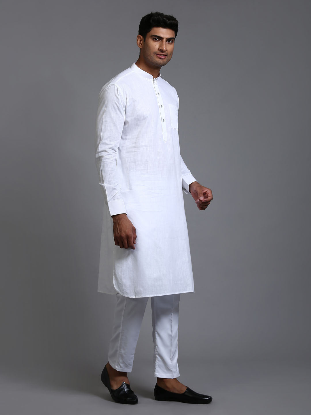 Sarvati Men's White Cotton Blend Pathani Kurta with Pant Set