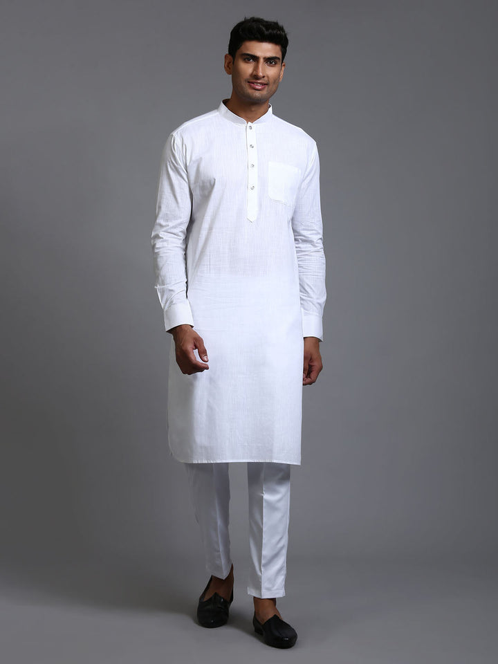 Sarvati Men's White Cotton Blend Pathani Kurta with Pant Set