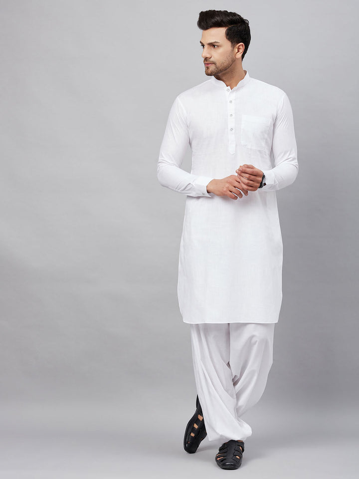 Sarvati Men's White Cotton Blend Pathani Suit Set