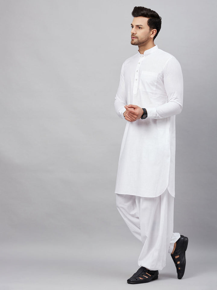 Sarvati Men's White Cotton Blend Pathani Suit Set