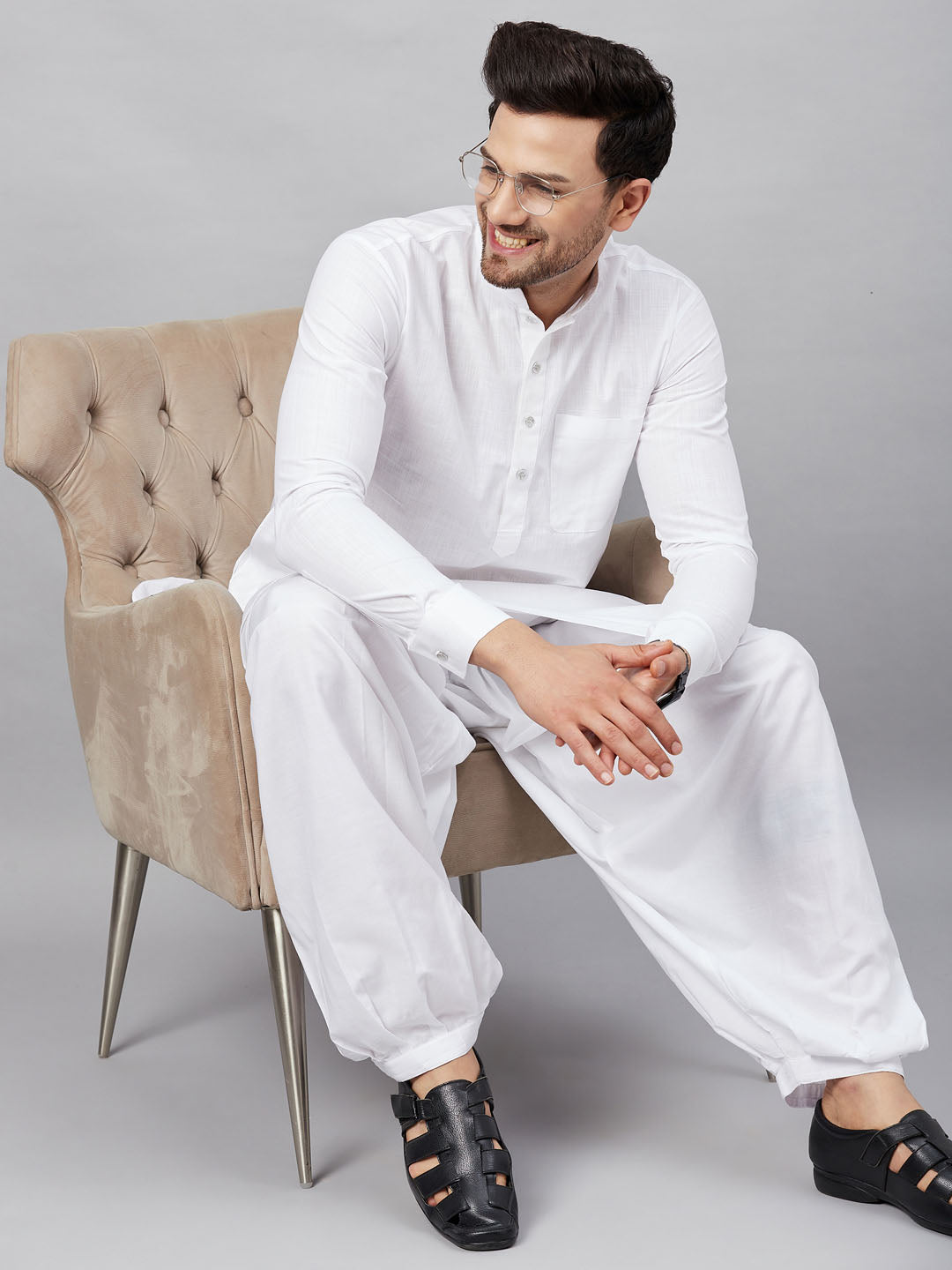 Sarvati Men's White Cotton Blend Pathani Suit Set