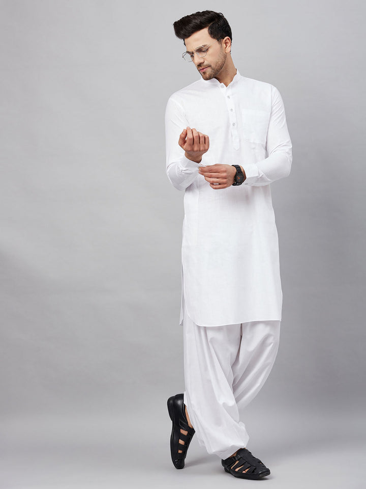 Sarvati Men's White Cotton Blend Pathani Suit Set