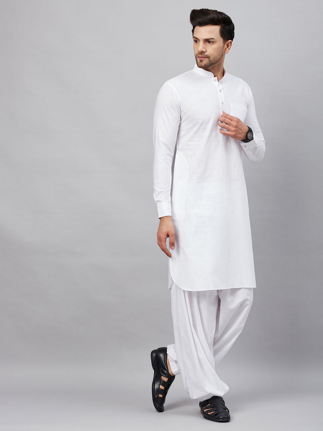 Sarvati Men's White Cotton Blend Pathani Suit Set