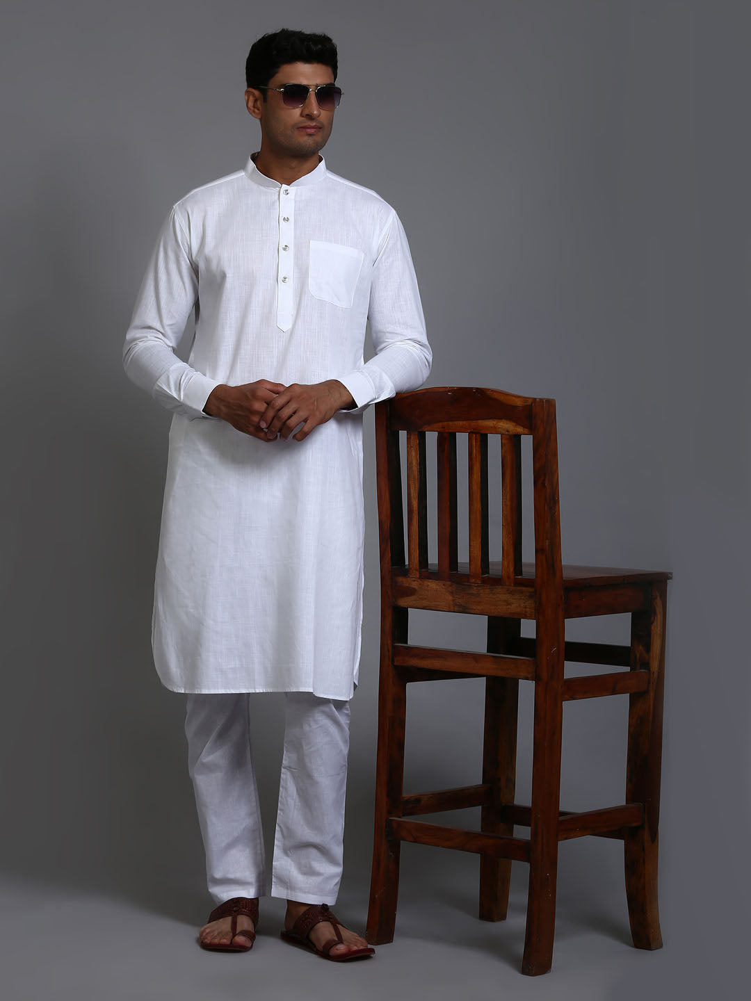 Sarvati Men's White Cotton Blend Pathani Kurta Pyjama Set