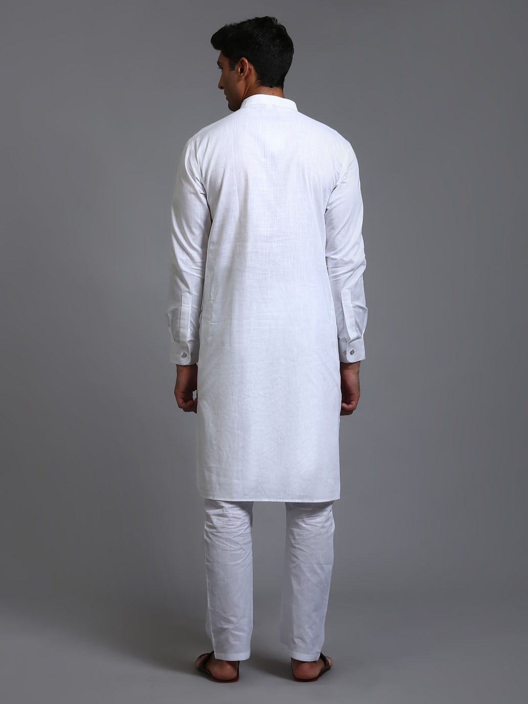 Sarvati Men's White Cotton Blend Pathani Kurta Pyjama Set