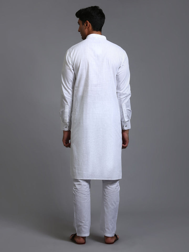 Sarvati Men's White Cotton Blend Pathani Kurta Pyjama Set