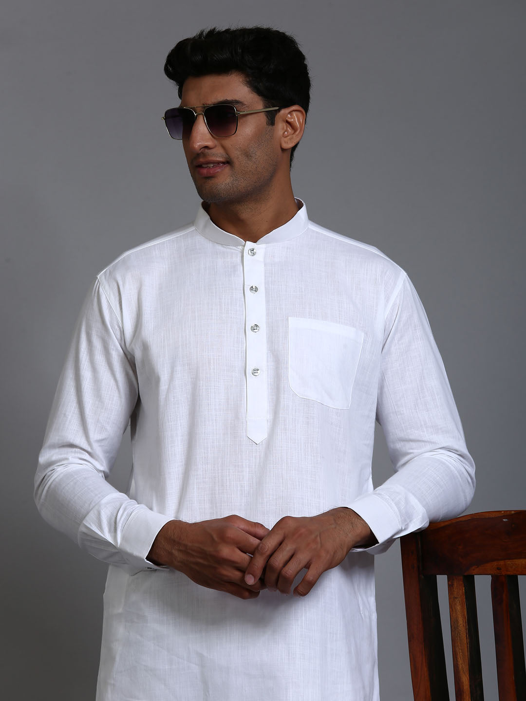 Sarvati Men's White Cotton Blend Pathani Kurta Pyjama Set