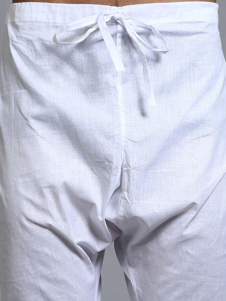 Sarvati Men's White Cotton Blend Pathani Kurta Pyjama Set