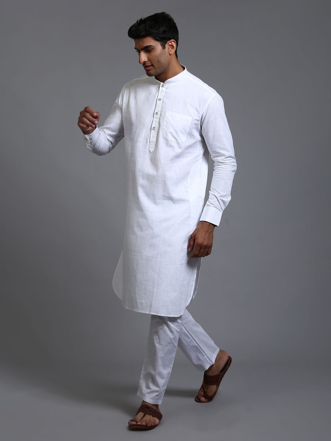 Sarvati Men's White Cotton Blend Pathani Kurta Pyjama Set